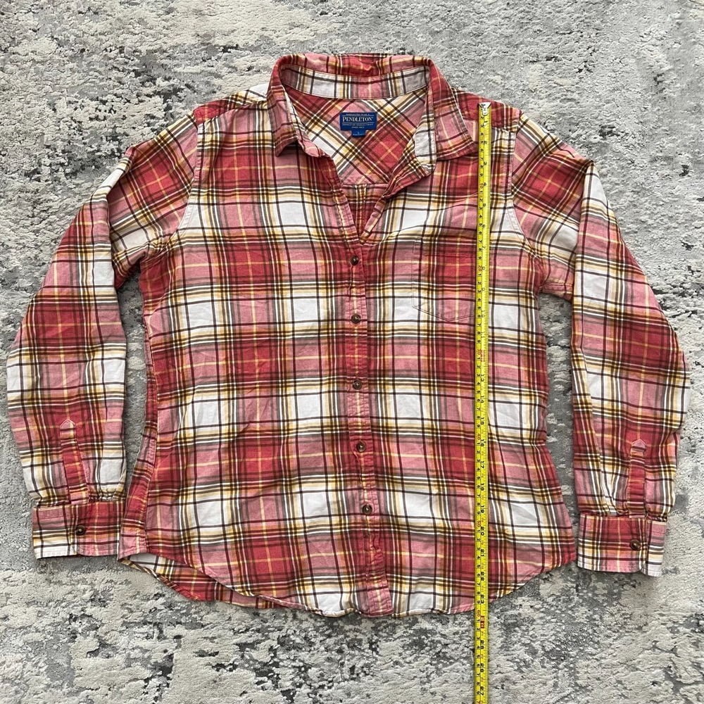 Pendleton Button Up Flannel Shirt Womens Large Red White Plaid Long Sleeve